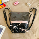 Qfdian Drawstring Bow Pleated Shoulder Crossbody Bags Transparent Casual Travel Ita Bag Fashion Ins Sweet Women Backpacks Y2k Aesthetic