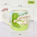 Qfdian Creative Pink Cub Relief Tulip Flower Ceramic Coffee Cup Girl Gift Flower Mug Office Teacup Breakfast Milk Mug Home Decoration