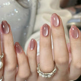 Qfdian 24pcs Simple Almond False Nails Sets Blush Design Press on Nails Art Datachable Short Oval Fake Nail with Jelly Glue Manicure