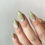 Qfdian 24Pcs Simple False Nails with Glue Short Almond Fake Nails Glitter Aurora Round Head Full Cover Nail Tips Oval Press on Nails