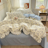 Qfdian Princess Style Lace Ruffles 100% Cotton Bedding Set Floral Pastoral Style Duvet Cover Flat/Fitted Bed Sheet Pillowcases 3/4Pcs