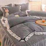 Qfdian Checkered Bedding Set Bed Skirt Ruffle Lace Princess Style Girls Duvet Cover Simple Solid Color Home Textiles Decor Bedroom