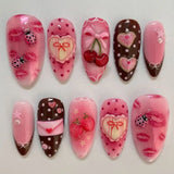 Qfdian 24pcs Wearable False Nail Strawberry Bow Design Nails Tips Red Short Almond Pearl Starlight Fake Nail Art Flower Press on Nails
