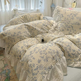 Qfdian  Floral print Korean style Princess Lace Bedding Set Duvet Cover Set Washed Cotton Flat Sheet set Queen For Girl Decor Home