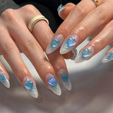 Qfdian  24pcs 3D Blue Heart Press on Nails Medium Almond Fake Nails with Glue Full Cover Pink Gradient Y2k False Nails Sweet Cool Nail