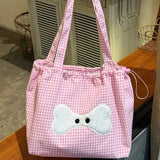 Qfdian Sweet Y2k Aesthetic Kawaii Plaid Shoulder Bags All Match Women Drawstring Casual Handbags New Fashion Grunge Canvas Underarm Bag