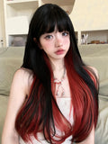 Qfdian 26Inch Black and Red Special Style Synthetic Wigs With Bang Long Straight Hair Wig For Women Daily Use Cosplay Heat Resistant