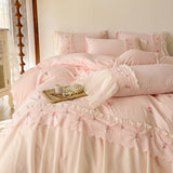Qfdian  Korean Princess Style Lace Ruffles Rose Embroidery Wedding Bedding Set Duvet Cover Set Flat/Fitted Bed Sheet Pillowcases 4Pcs