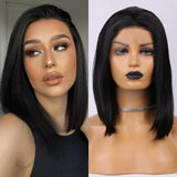 Qfdian 13X4 Black Bob Wig Straight Synthetic Lace Front Wig Shoulder Length Short Black Bob Hair Lace Frontal Wigs for Women Daily Use