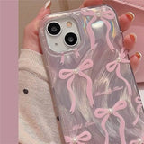 Qfdian  Pink Pearl Bow Phone Cases, for IPhone 17 16 15 14 13 Pro Max Pro XSMax 78Plus ,Feather Yarn Gradient Color Kawaii Cover