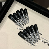 Qfdian 10pcs Handmade False Nails Black Metal Sliver Tree Decor Long Pointed Fake Nails Reusable Wearable Punk Style Press on Nails