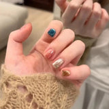 Qfdian  10Pcs Colorful Cat Eye Press on Nails Cute Polka Dots Fake Nails Simple Solid Color False Nails Short Square Glitter Nail Art
