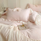 Qfdian  Korean Style Princess Lace Bow Bedding Set Pink Sweet Girl Chiffon Ruffles Duvet Cover Bed Sheet Pillowcase Wedding Home Textile