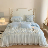 Qfdian Ins Style Korean Bedding Set Lace Seersucker 4pcs Bed Sheet Set Quilt Cover Solid Duvet Cover For Girl Spring Decor Home