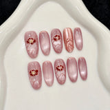 Qfdian  10pcs Handmade Press On Nails Glossy Magic Mirror Pink Cat's Eye Fake Nail Hand-painted Exquisite Flower Charm Almond False Nail