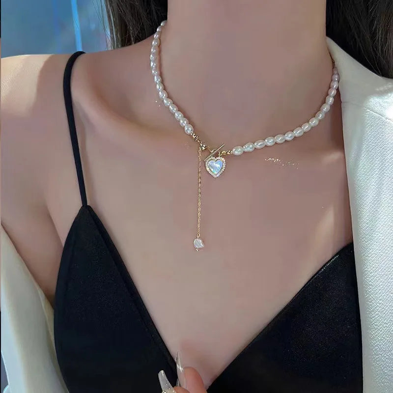 Korean Pearl Chain Choker Necklace for Women Girls Trend Jewelry Heart Tassel Pendant Necklace Bridal Engagement Gift