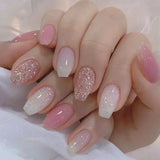 Qfdian  24Pcs Short Square Coffin False Nails Square Fake Nails with Glue French Glitter Wearable Acrylic Nails Set Press on Nail Tips