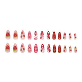 Qfdian  24pcs Ins 3D Bowknots Press On Nails Sweet Strawberry Pink Plaid Almond False Nails With Heart Shape Pearl Decor Fake Nail Tips