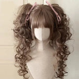 Qfdian  Synthetic Short Lolita Cosplay Christmas Halloween Bob Brown Blonde Wig With Long Curly Ponytail Natural Fake Hair for Women