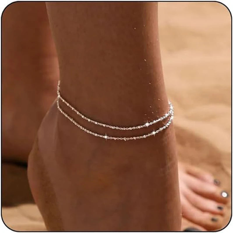 Ankle Bracelets for Women, Plated Layered Beads Anklets Bracelets for Women Girls Summer Jewelry Gifts