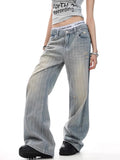 Qfdian  Vintage American Flag Striped Distressed Denim Jeans Loose Fit High Street Micro Flare Trousers for Men Women Casual Style