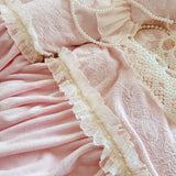 Qfdian  Pink Princess Style Pleated Lace Ruffles Carved Velvet Warm Soft Bedding Set Duvet Cover Flat/Fitted Bed Sheet Pillowcases 4Pcs