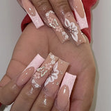 Qfdian 24Pcs Extra Long Square Fake Nail with Glue 3D Little Bear Bow Design False Nails White French Press on Nails Wearable Manicure
