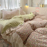 Qfdian  Floral print Korean style Princess Lace Bedding Set Duvet Cover Set Washed Cotton Flat Sheet set Queen For Girl Decor Home