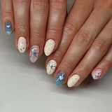 Qfdian  24pcs Milk Blue French Style Press On Nails Glitter Almond Cat's Eye Fake Nails With Bowknots Diamond Decor Charming False Nail