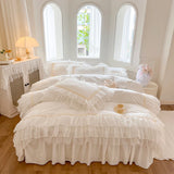 Qfdian 4/6Pcs White Pink 100% Cotton Princess Wedding Bedding Set Three Layers White Chiffon Lace Duvet Cover Set Bed Skirt Pillowcases