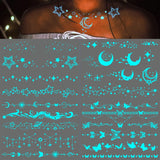 Qfdian  4pcs Glow-in-the-Dark Temporary Tattoos for Women Blue Crescent Moon Stars Lace Butterfly Planet for Neck Clavicle Body Art