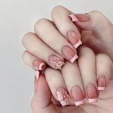 Qfdian 24pcs Simple Almond False Nails Sets Blush Design Press on Nails Art Datachable Short Oval Fake Nail with Jelly Glue Manicure