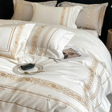 Qfdian Hotel Style Bedding Set Luxury 100% Egyptian Cotton Gold Embroidery White Duvet Cover Or Elastic Band Fitted Sheet Pillowcases