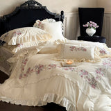 Qfdian Rose Flowers Embroidery Lace Ruffles Luxury Bedding Set 1000TC Egyptian Cotton Duvet Cover Set Flat/Fitted Bed Sheet Pillowcases