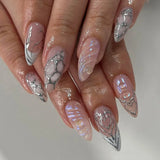 Qfdian  24Pcs Solid Color Grey Almond Fake Nail Cat's Eye Design Wearable Round Head False Nails with Shiny Powder Press on Nails