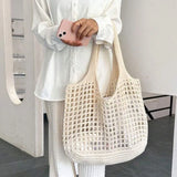 Qfdian Fashion Vintage Solid Color Knitted Hollow Tote Bag Large Capacity Shopping Shoulder Bag Crochet Handbag for Women