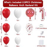 Qfdian  115pcs Red White Balloons Red Candy Cane Aluminum Film Balloon Garland Arch Kit,for Merry Christmas New Year Party Holiday Decor