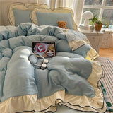 Qfdian  3/4Pcs Korean Princess Style Ruffles Bedding Set Skin-friendly Soft Duvet Cover Set Bed Sheet Or Bed Skirt Pillowcases