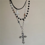Qfdian  Punk Y2K Metal Cross Star Black Heart Pendant Multi Layer Bead Necklace For Women Men Vintage Gothic Charm Grunge Jewelry Gift