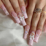 Qfdian 24Pcs Pure White French Press on Nails Long Square Head False Nails with Pearl Pink Bow Design Ballet Wearable Fake Nails