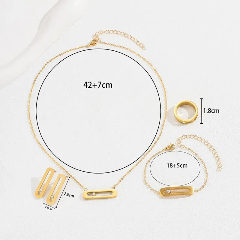 Thin Link Train Geometric Necklace Earring Ring Bracelet Jewelry Set Gold Plated Crystal Stone Jewelry Gift Set