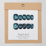 Qfdian 10pcs Cat Eye Blue Handmade Press on Nails Glitter False Nails Short Round Head Manicure Daily Wearable Adhesive Tips Beauty Art