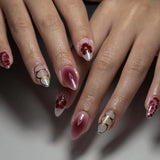 Qfdian  24pcs Retro Almond Press On Nails Brown Marble Cracks Ice Flower Printed False Nails European Wearable French Style Fake Nail