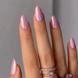 Qfdian  24Pcs Solid Color Grey Almond Fake Nail Cat's Eye Design Wearable Round Head False Nails with Shiny Powder Press on Nails