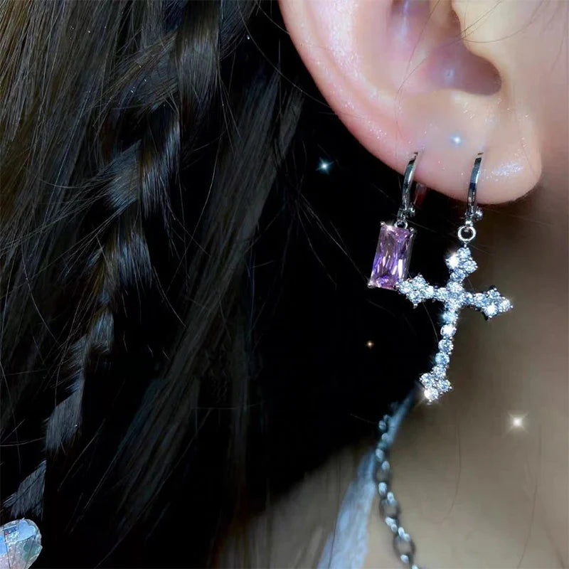 Cool Pink Rhinestone Zircon Cross Earrings For Women Korean Fashion Earring Daily Birthday Party Jewelry Gifts