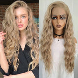 Qfdian Ash Blonde Wig Deep Wave Synthetic Lace Front Wig Long Curly Natural Wavy Colored Hair 13X4 Lace Frontal Wigs for Women Party