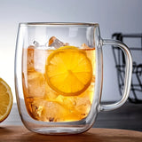 Qfdian  2pcs high borosilicate transparent double-layer glass mugs, thermal insulation handle, anti-scalding, large capacity