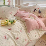 Qfdian Floral print French Style Bedding Set Bubble cotton Duvet Cover Set Washed Cotton Flat Sheet set Queen For Girl Decor Home