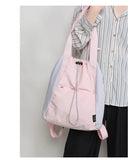 Qfdian Patchwork Contrast Color Nylon Preppy Backpack Women Students Y2k Casual Travel Schoolbags Japanese Drawstring Pleated Backpacks