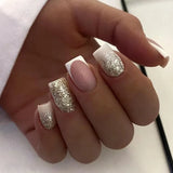 Qfdian  24Pcs Short Square False Nails Simple French Fake Nails Press on Nails Full Cover Nail Tips Detachable DIY Manicure